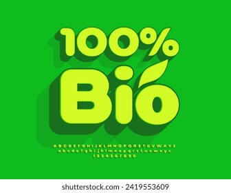 Vector advertising emblem 100% Bio. Green Alphabet Letters and Numbers set. Creative 3D Font.