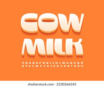 Vector advertising emblem Cow Milk. Stylish White Font. Trendy 3D Alphabet Letters and Numbers set.