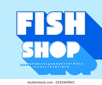 Emblema publicitario vectorial Fish Shop. Fuente de resumen creativo con gran sombra azul. Juego de letras y números de alfabeto 3D