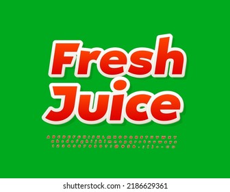 Emblema publicitario vectorial Jugo Fresco. Fuente roja brillante. Conjunto moderno de letras, números y símbolos alfabéticos