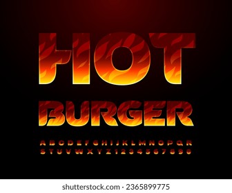 Vector advertising emblem Hot Burger. Creative Fire Font. Bright flaming Alphabet Letters and Numbers set