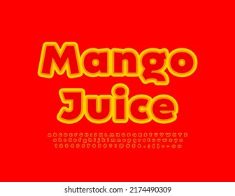 Vector advertising emblem Mango Juice. Artistic Font. Bright Creative Alphabet Letters and Numbers