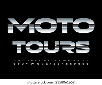 Vector advertising Emblem Moto Tours. Modern Metallic Font. Chrome Alphabet Letters and Numbers set