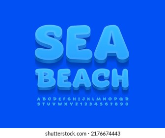 Vector advertising Emblem Sea Beach. Artistic 3D Font. Blue Alphabet Letters, Numbers and Symbols set