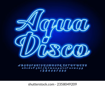 Vector advertising flyer Aqua Disco. Neon calligraphic Font. Blue Glowing Alphabet Letters and Numbers