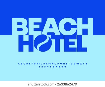 Vectorwerbeflyer Beach Hotel. Hellblaue Schrift. Satz klassischer Alphabetbuchstaben und -zahlen.