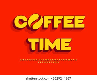Vector Advertising flyer Coffee Time with Decorative Bean. Artistic Uppercase Font. Classic Digital Alphabet Letters and Numbers set.