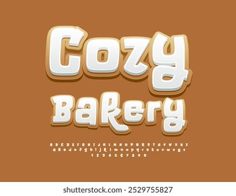 Folheto publicitário de vetor Padaria Aconchegante. Fonte Brilhante Engraçada. Gingerbread estilo Alfabeto Letras e Números definido.