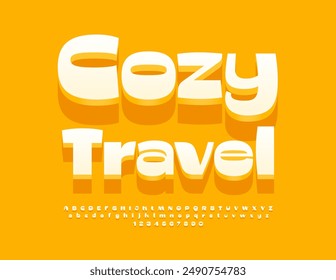 Vector advertising flyer Cozy Travel. Stylish White 3D Font. Trendy Alphabet Letters and Numbers