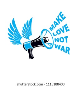 Vector advertising flyer created with loudspeaker equipment and make love not war lettering. Propaganda as the means of influence on public opinion .