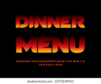 Vector advertising flyer Dinner Menu. Burn bright Font. Fire Alphabet Letters and Numbers