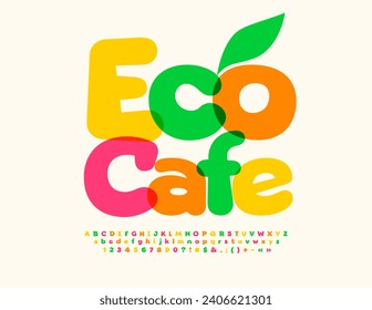 Vector advertising flyer Eco Cafe. Funny Colorful Font. Modern Bright Alphabet Letters and Numbers