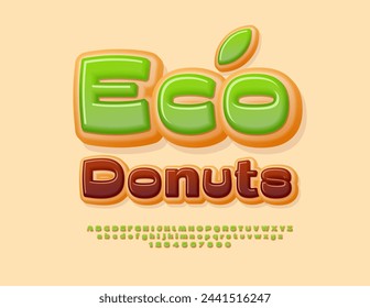 Vector advertising flyer Eco Donuts. Tasty Cake Font. Creative Alphabet Letters and Numbers.