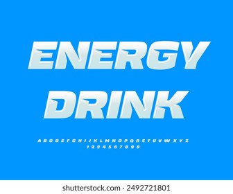 Vector advertising flyer Energy Drink. Unique Glossy Font. Artistic Alphabet Letters and Numbers set.