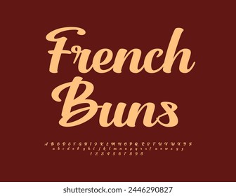 Vector advertising flyer French Buns. Beautiful Cursive Font. Modern Bright Alphabet Letters and Numbers set.