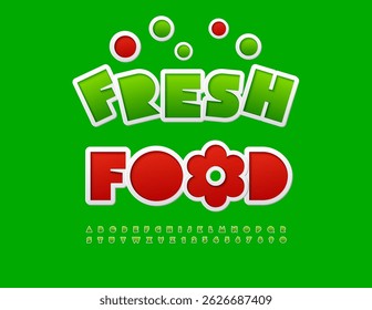 Vector Advertising flyer Fresh Food with Creative Element. Exclusive Green Sticker Font. Cool Uppercase Alphabet Letters and Numbers set.