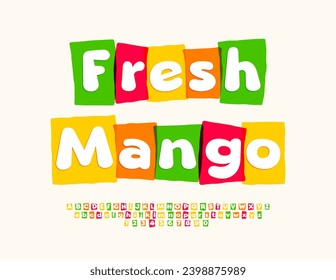 Volante de publicidad de vectores Fresh Mango. Fuente de color creativo. Conjunto de letras y números de alfabeto luminoso moderno