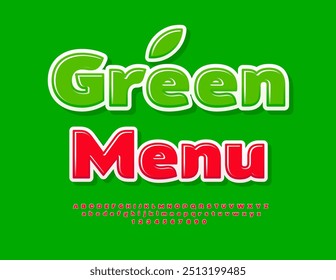 Vector advertising flyer Green Menu. Bright Stylish Font. Glossy Red Alphabet Letters and Numbers set.