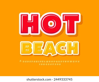 Volante publicitario de Vector Hot Beach con Yellow Sunny Font. Conjunto de letras y números del alfabeto brillante. 