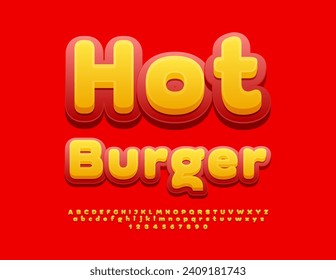 Volante de publicidad de vectores Hot Burger. Fuente creativa brillante. Modernas letras de alfabeto, números y símbolos.