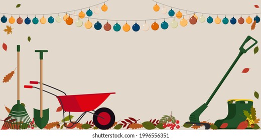 Vektorgrafik-Werbeflyer-Illustration mit Herbstblättern, Gartenwerkzeugen, Garland und Leerraum für Text