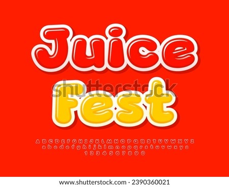 Vector advertising flyer Juice Fest. Red glossy Font. Artistic Alphabet Letters and Numbers set