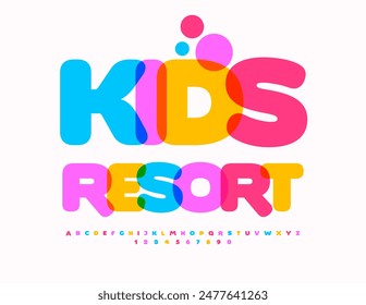 Vector advertising flyer Kids Resort. Children cute Font. Bright Colorful Alphabet Letters and Numbers set.