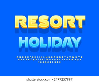 Vector advertising flyer Resort Holiday. Exclusive Yellow Font. Decorative Alphabet Letters and Numbers set.