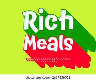 Vector Advertising flyer Rustic Meals. Cool 3D Font with Big Red Shadow. Exclusive Alphabet Letters and Numbers set.