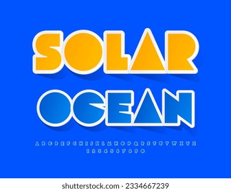 Volante de publicidad de vectores, Océano solar. Tipo de letra de pegatina azul. Letras y números de alfabeto creativos
