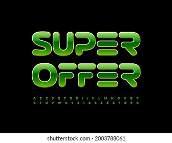 Vector advertising flyer Super Offer. Green and Gold techno Font. Stylish Alphabet Letters and Numbers set