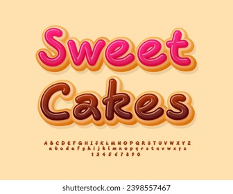 Vector advertising flyer Sweet Cakes. Choco Dessert Font. Artistic Alphabet Letters and Numbers set.