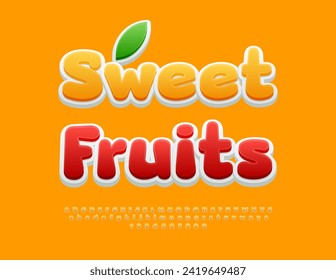 Vector advertising flyer Sweet Fruits. Cute Yellow 3D Font. Artistic Alphabet Letters, Numbers and Symbols set.