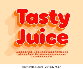 Volante publicitario vectorial Tasty Juice. Fuente 3D roja brillante. Letras y números de alfabeto creativos