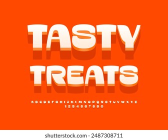 Vector advertising flyer Tasty Treats. Stylish White 3D Font. Trendy Alphabet Letters and Numbers set.