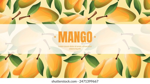 Plantilla de volante de publicidad de Vector con patrón de mango de dibujos animados. Anuncio exótico de fruta tropical.