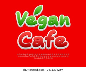 Vector advertising flyer Vegan Cafe. Red handwritten Font. Funny Bright Alphabet Letters and Numbers set.