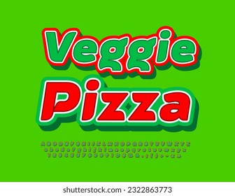 Vector advertising Flyer Veggie Pizza. Bright Font. Colorful Alphabet Letters, Numbers and Symbols