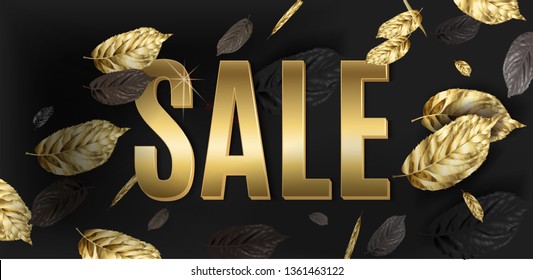 Vector advertising horizontal banner with gold and black falling leaves. Bright sale design for summer and fall season discount. Best as web banner Vector advertising horizontal banner with gold and black falling leaves. Bright sale design for summer and fall season discount. Best as web banner