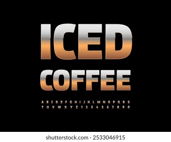 Vector advertising icon Iced Coffee. Trendy Golden Font. Exclusive Metallic Alphabet Letters and Numbers set.