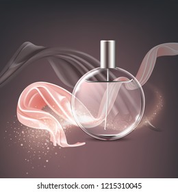 Vector advertising illustration of cosmetic, ads realistic translucent perfume bottle with glittering wave and dynamic satin elements in pink and bronze color on dark background