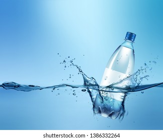 Vector advertising illustration of realistic plastic bottle in blue water with splash and space for text on background