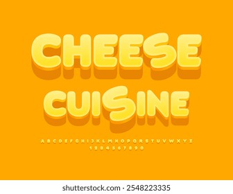 Vector advertising label Cheese Cuisine. Cute Yellow Font. Artistic 3D Alphabet Letters and Numbers.