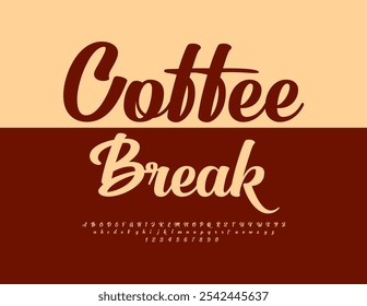 Vector advertising label Coffee Break. Cursive Font. Handwritten Alphabet Letters and Numbers set.