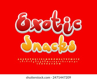 Vector de publicidad etiqueta Exotic Snacks. Fuente manuscrita creativa. Conjunto de letras y números de alfabeto único.