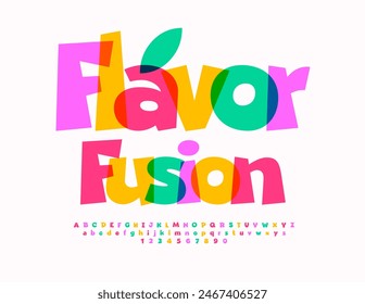 Vector advertising label Flavor Fusion. Funny Colorful Font. Bright Alphabet Letters and Numbers set. 