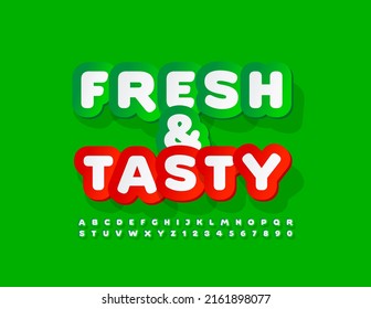 Vector advertising label Fresh and Tasty. Sticker creative Font. Green and White Alphabet Letters, Numbers and Symbols set