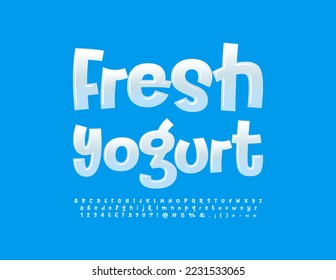 Etiqueta de publicidad de vectores Fresh Yogurt. Fuente blanca brillante. Letras, números y símbolos de alfabetos divertidos