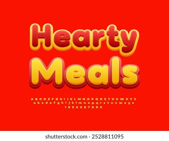 Vector advertising label Hearty Meals. Cute Yellow and Red Font. Bright Alphabet Letters and Numbers set.