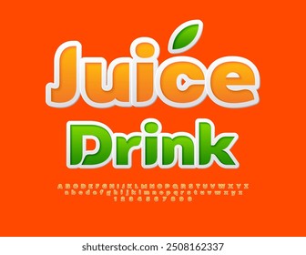 Rótulo publicitário do vetor "Juice Drink". Fonte do adesivo laranja. Conjunto de Alfabetos Modernos Letras e Números